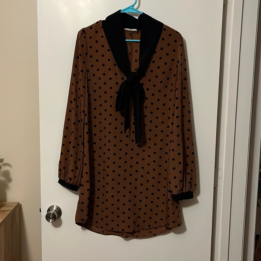 Long Sleeve Brown with Black Dots and Tie Collar